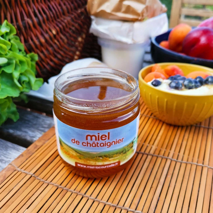 pot de miel de chataignier bio francais sur table du petit déjeuner avec bol de fromage blanc et fruits